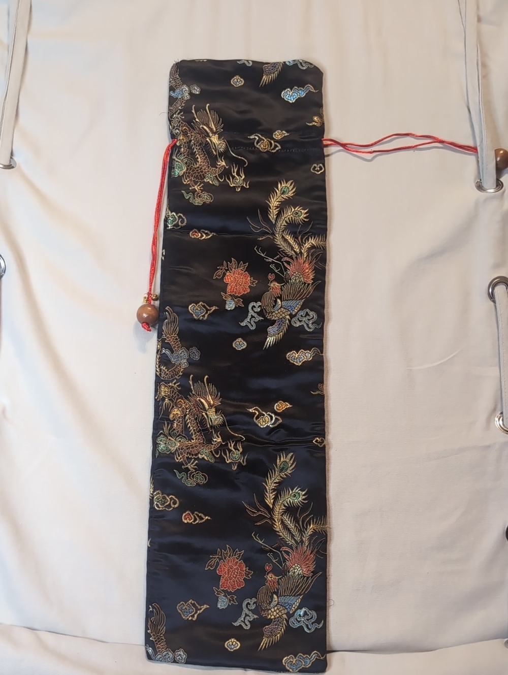 Silk Embroidered Black Drawstring Long Pouch